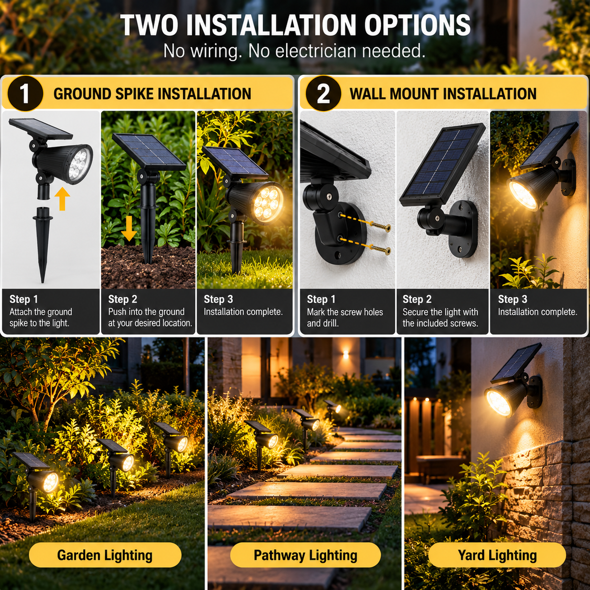 Solar Path Lights Outdoor | 9 LED Spotlights, IP65 Waterproof, Brightness Adjustable