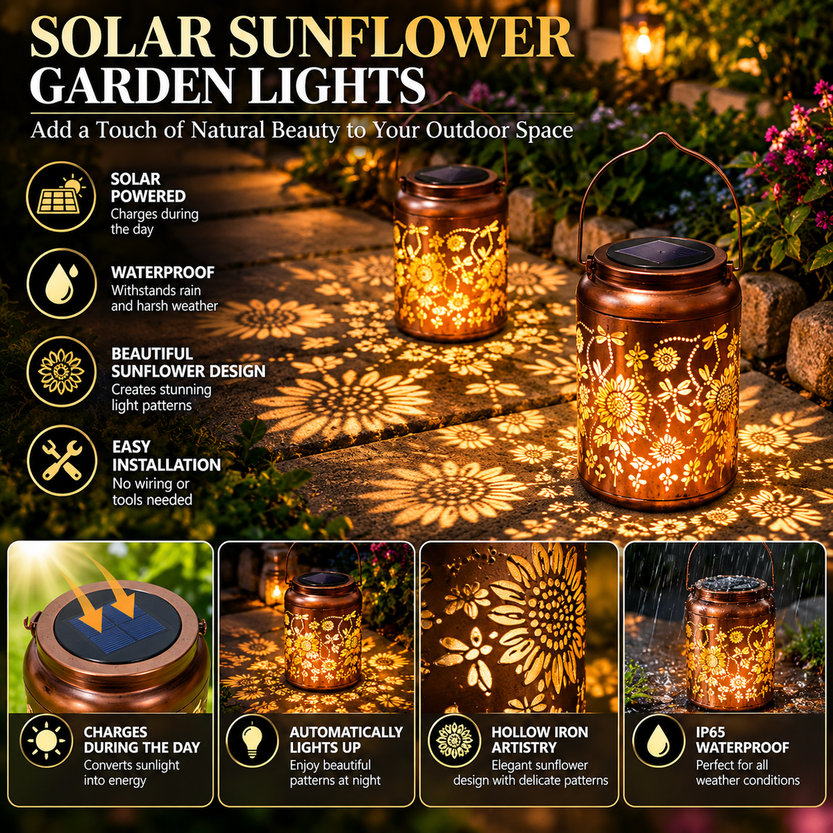 Solar Path Lights, Sunflower LED Garden Outdoor Waterproof