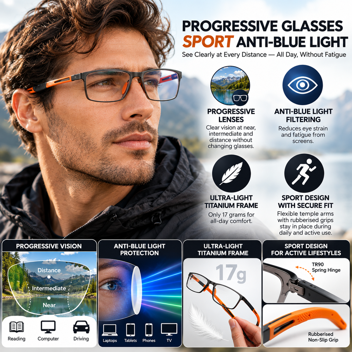 Progressive Glasses Sport Anti-Blue Light | Ultra-Light Titanium Frame