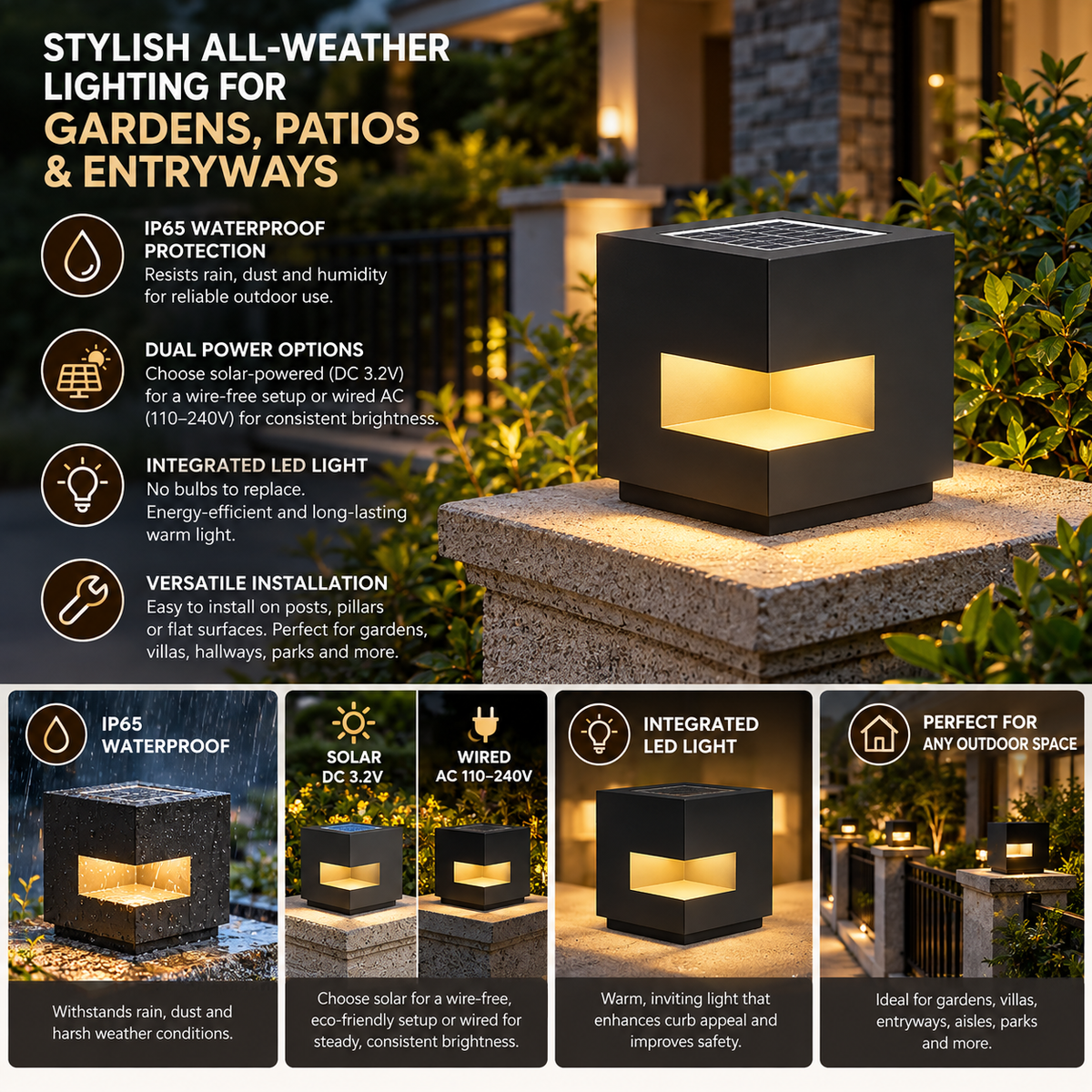 Outdoor Hanging Lamp | IP65 Waterproof, Solar or Wired | Black