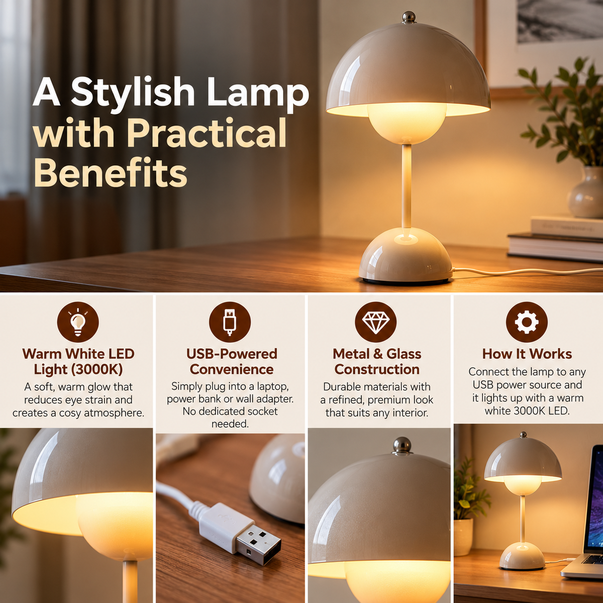 Table Lamp | Metal & Glass, USB Powered, Warm White LED