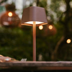 Rechargeable table lamp brown metal, cordless and dimmable oval design