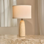 Marble table lamp with cotton shade, natural veining, 49cm height, E27 socket