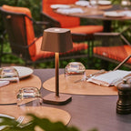 Rechargeable table lamp brown metal, cordless and dimmable oval design