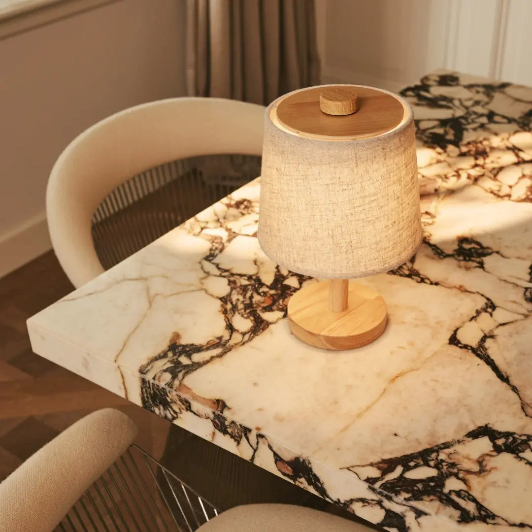 Rechargeable table lamp, brown wooden cordless with dimmable light