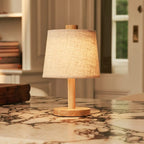 Rechargeable table lamp, brown wooden cordless with dimmable light
