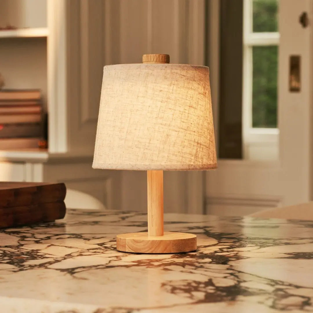 Rechargeable table lamp, brown wooden cordless with dimmable light