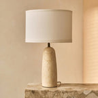 Marble table lamp with cotton shade, natural veining, 49cm height, E27 socket