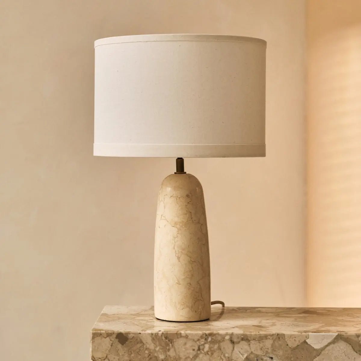 Marble table lamp with cotton shade, natural veining, 49cm height, E27 socket
