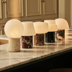 Rechargeable table lamp in blue calcite marble, cordless and dimmable with modular lampshade