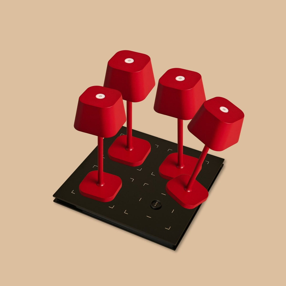 Rechargeable table lamps set 4x berry red with magnetic charging station, cordless dimmable