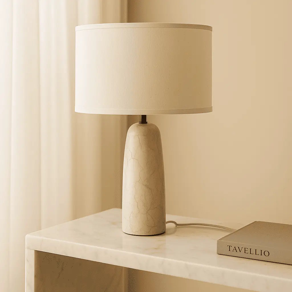 Marble table lamp with cotton shade, natural veining, 49cm height, E27 socket