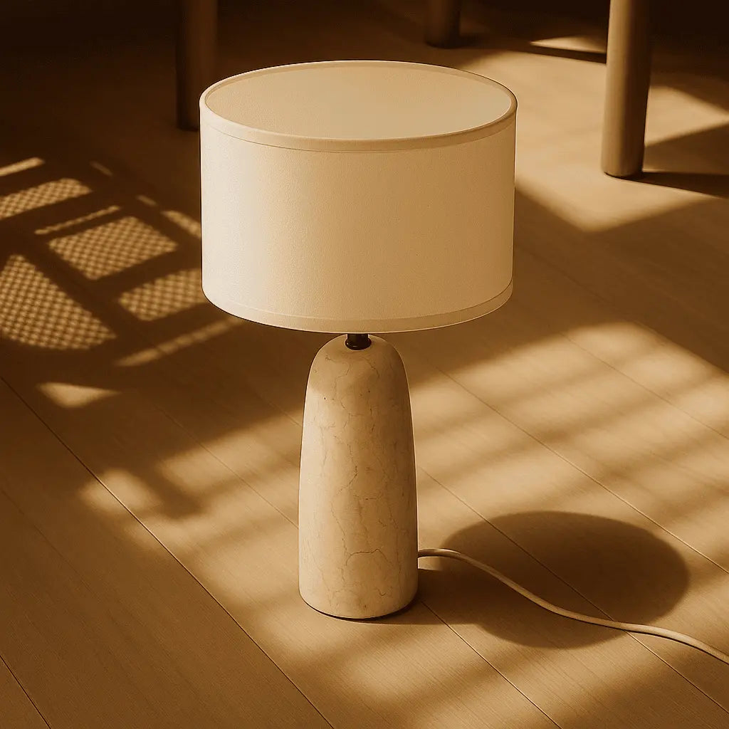 Marble table lamp with cotton shade, natural veining, 49cm height, E27 socket