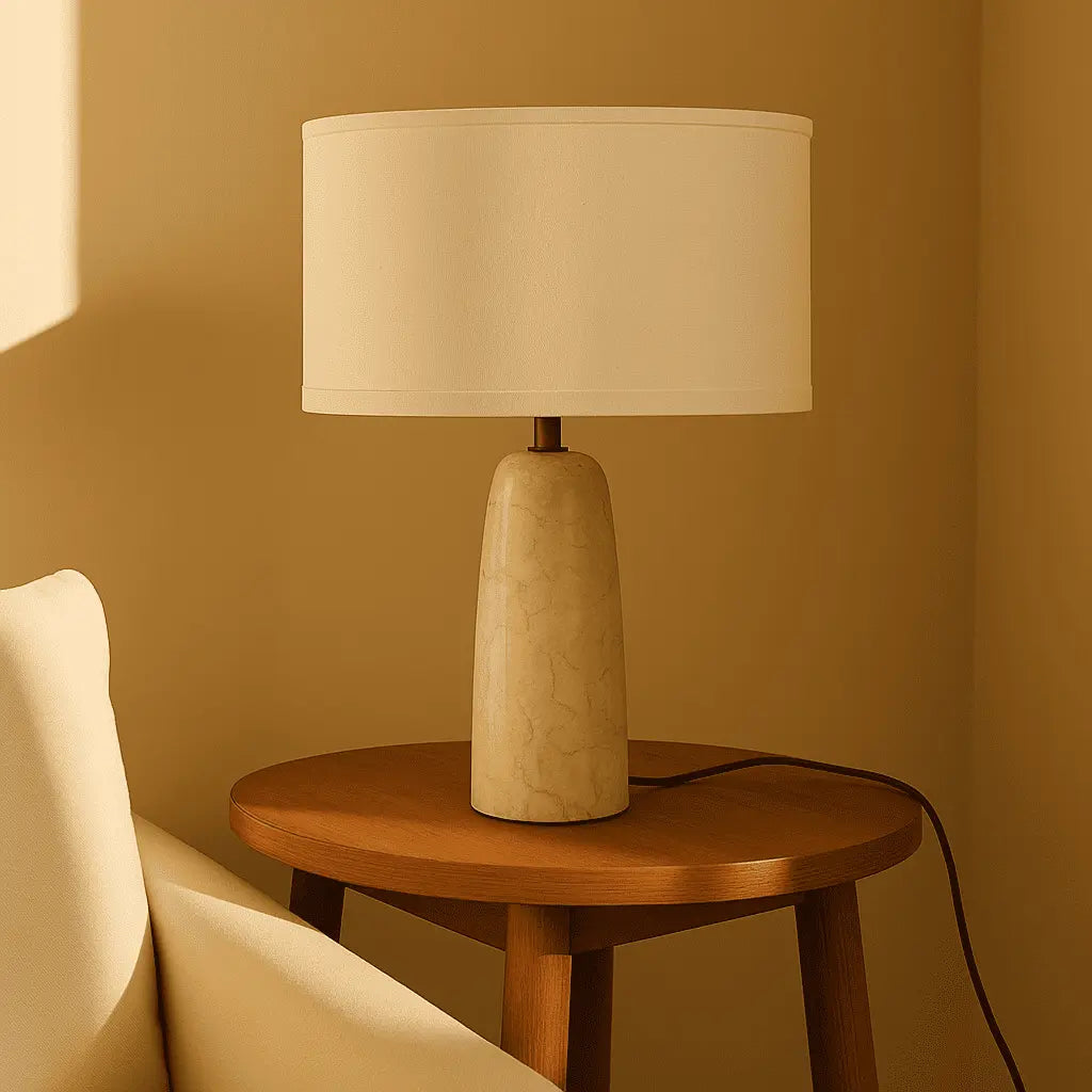 Marble table lamp with cotton shade, natural veining, 49cm height, E27 socket