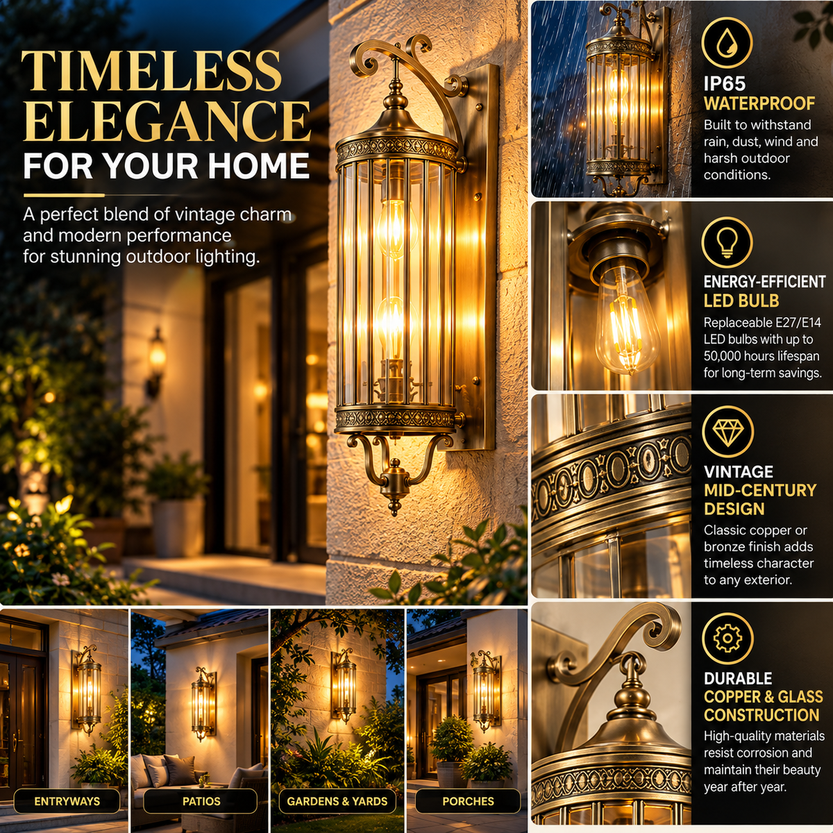 Linear Outdoor Wall Light | Vintage Mid-Century, IP65, Warm LED | Copper & Bronze