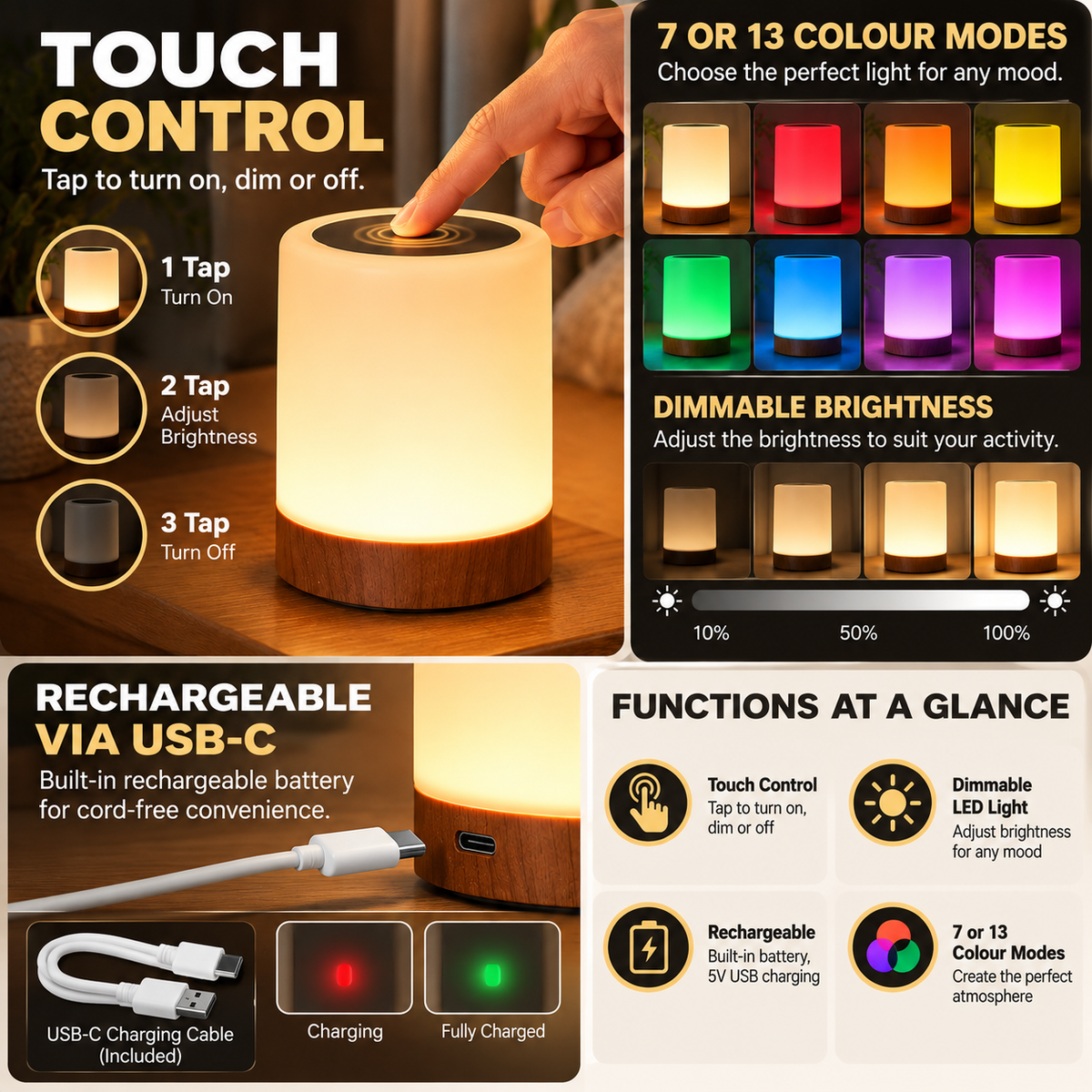 Touch Table Lamp | Rechargeable, Dimmable LED, Wood