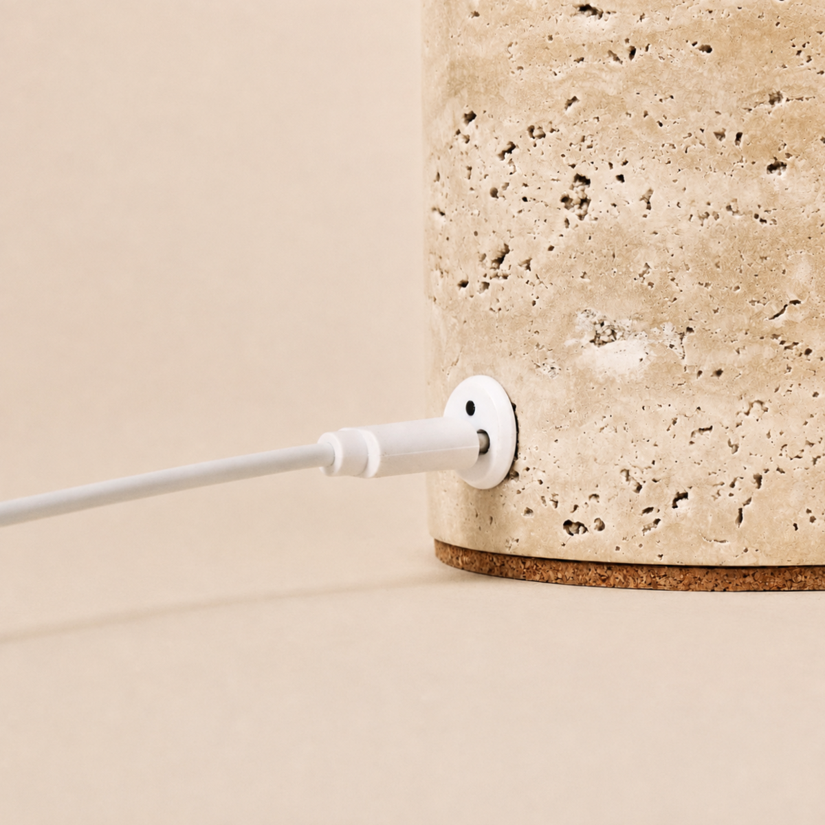 Rechargeable travertine table lamp in beige, cordless and dimmable with USB-C charging