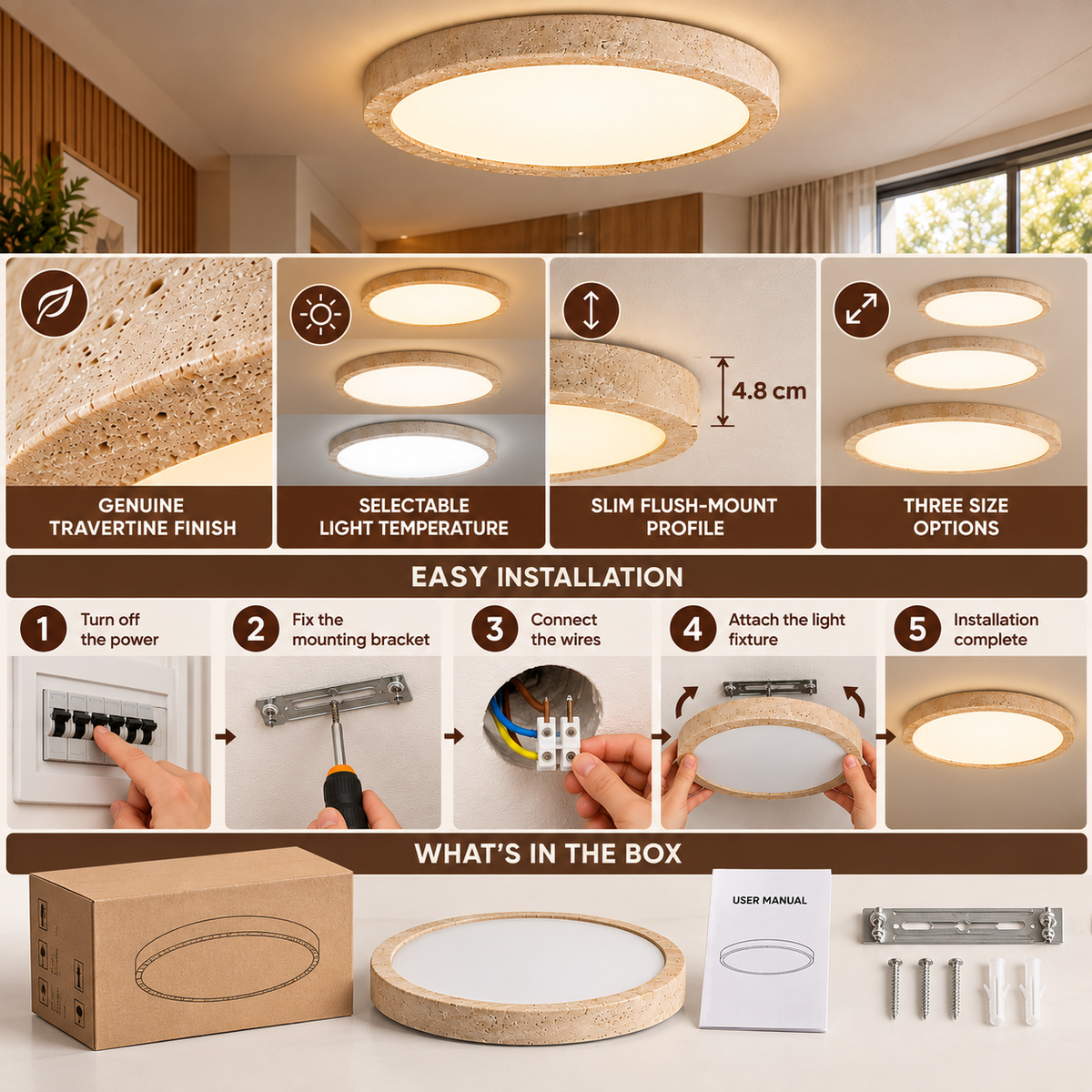 Flush Mount Ceiling Light | Travertine, Slim Profile, LED | 3 Sizes