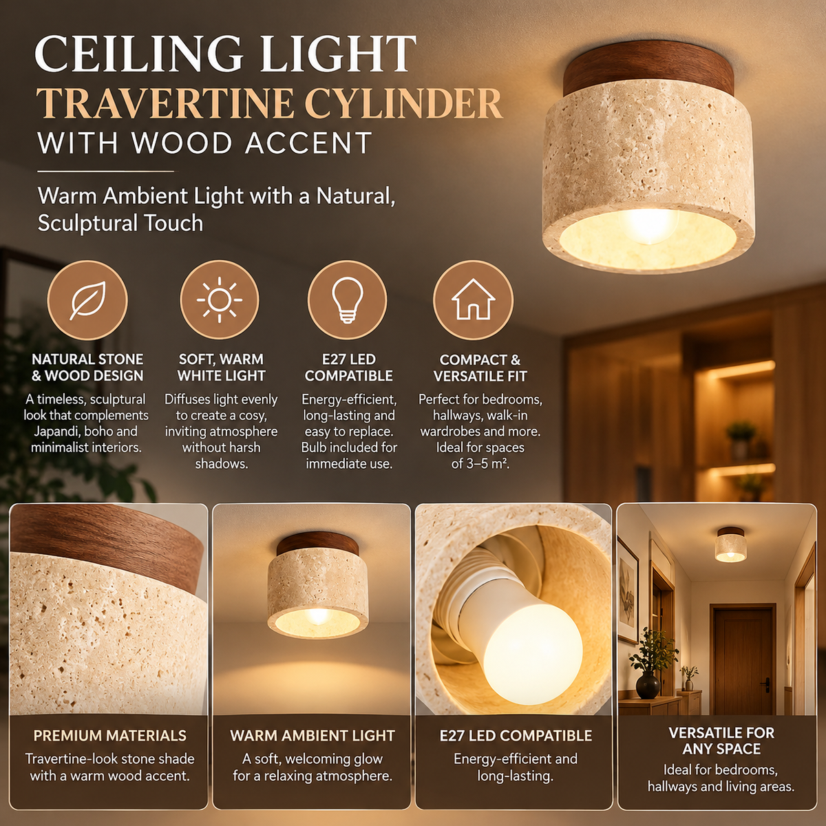 Ceiling Light Travertine Cylinder with Wood Accent