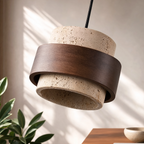 Pendant light in travertine stone and walnut wood, GX53 LED included, Japandi style