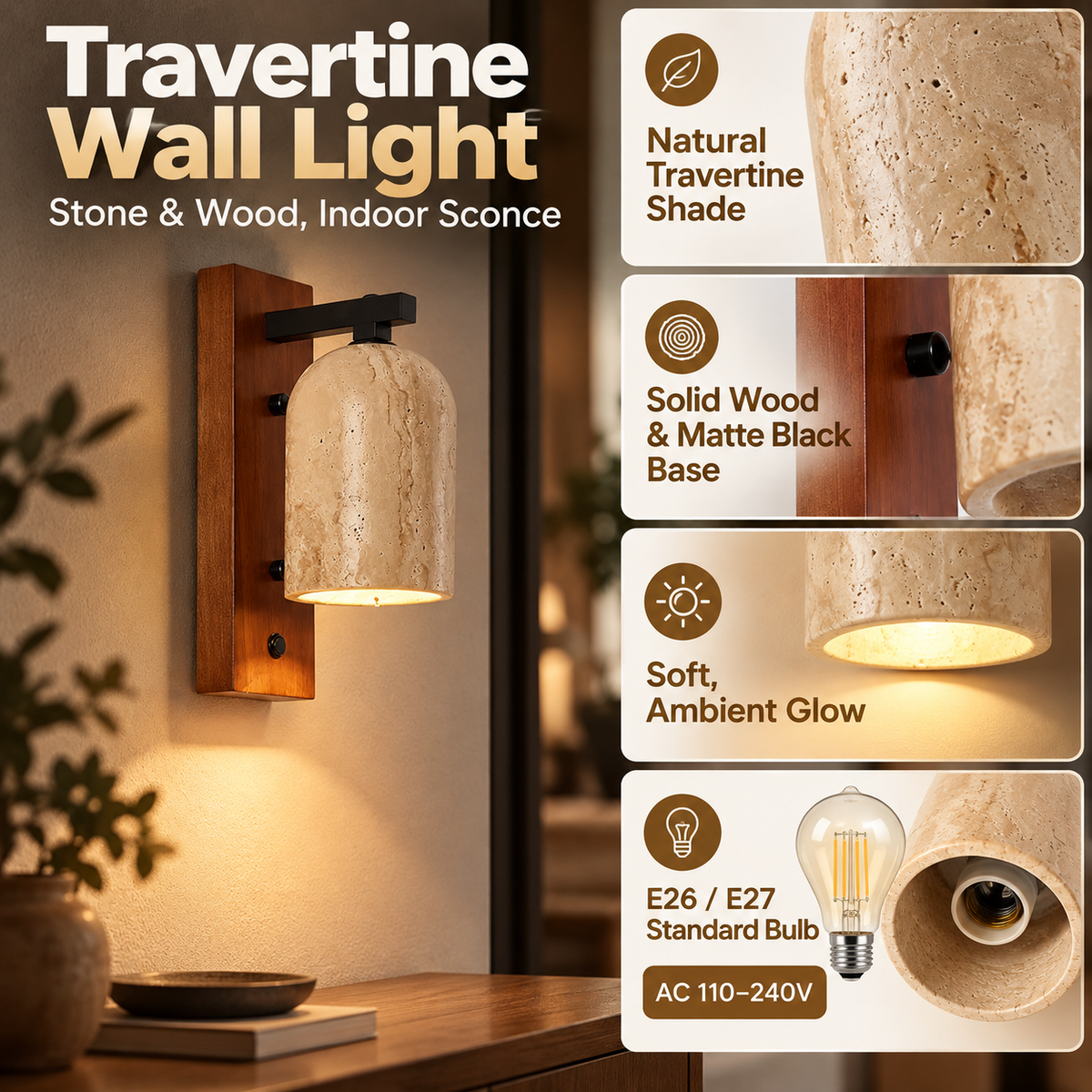 Travertine Wall Light | Stone & Wood, Indoor Sconce