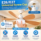 Socket Fan Light Ceiling | Wood Grain, 6 Blades, Remote Control