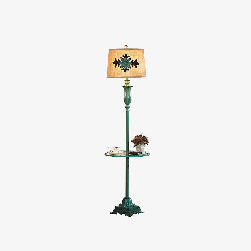 Vintage green floor lamp with metal and resin base, warm brown cotton-linen shade, living room
