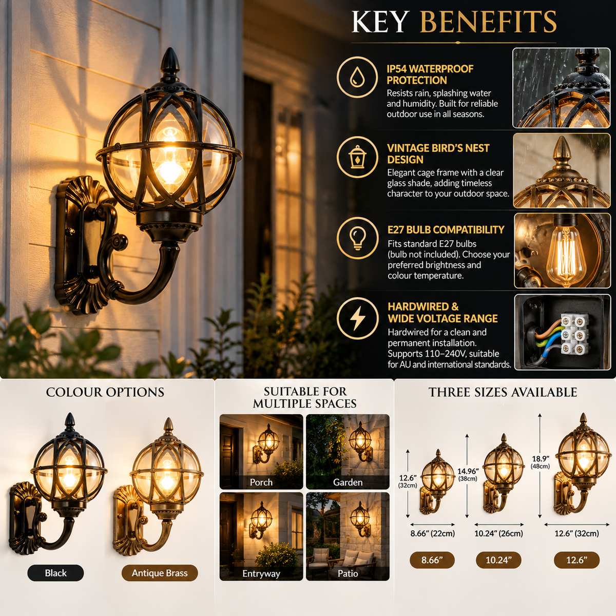Outdoor Wall Light | Vintage Bird's Nest Lantern, Waterproof, IP54
