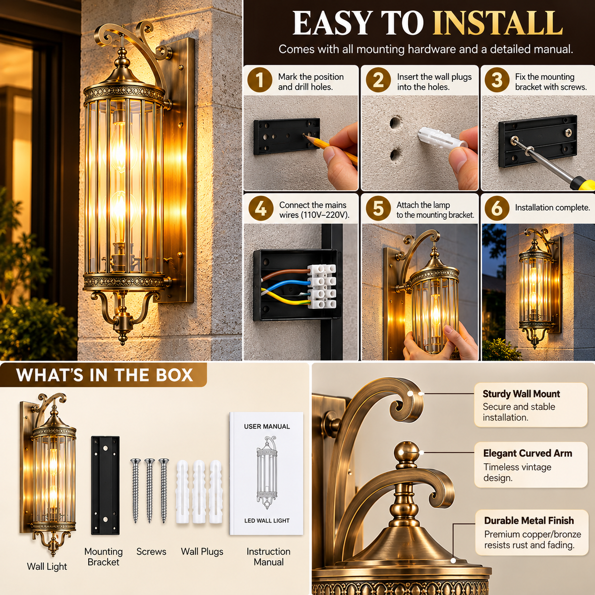 Linear Outdoor Wall Light | Vintage Mid-Century, IP65, Warm LED | Copper & Bronze