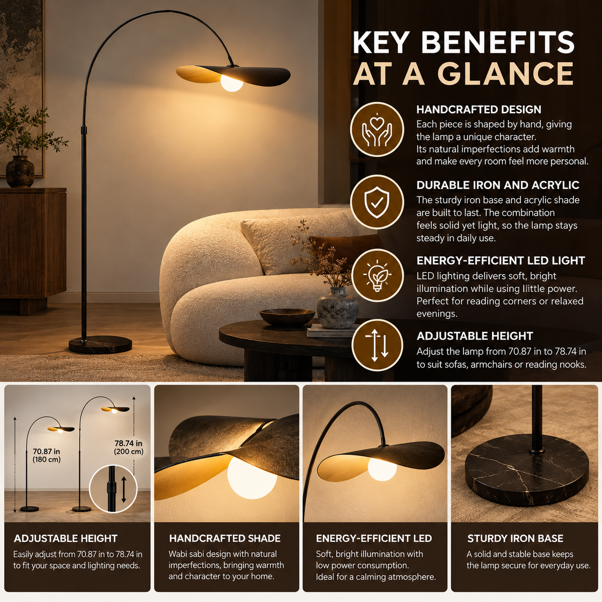 Lampa podłogowa | w stylu wabi-sabi, z żelaza, LED, z regulowaną wysokością