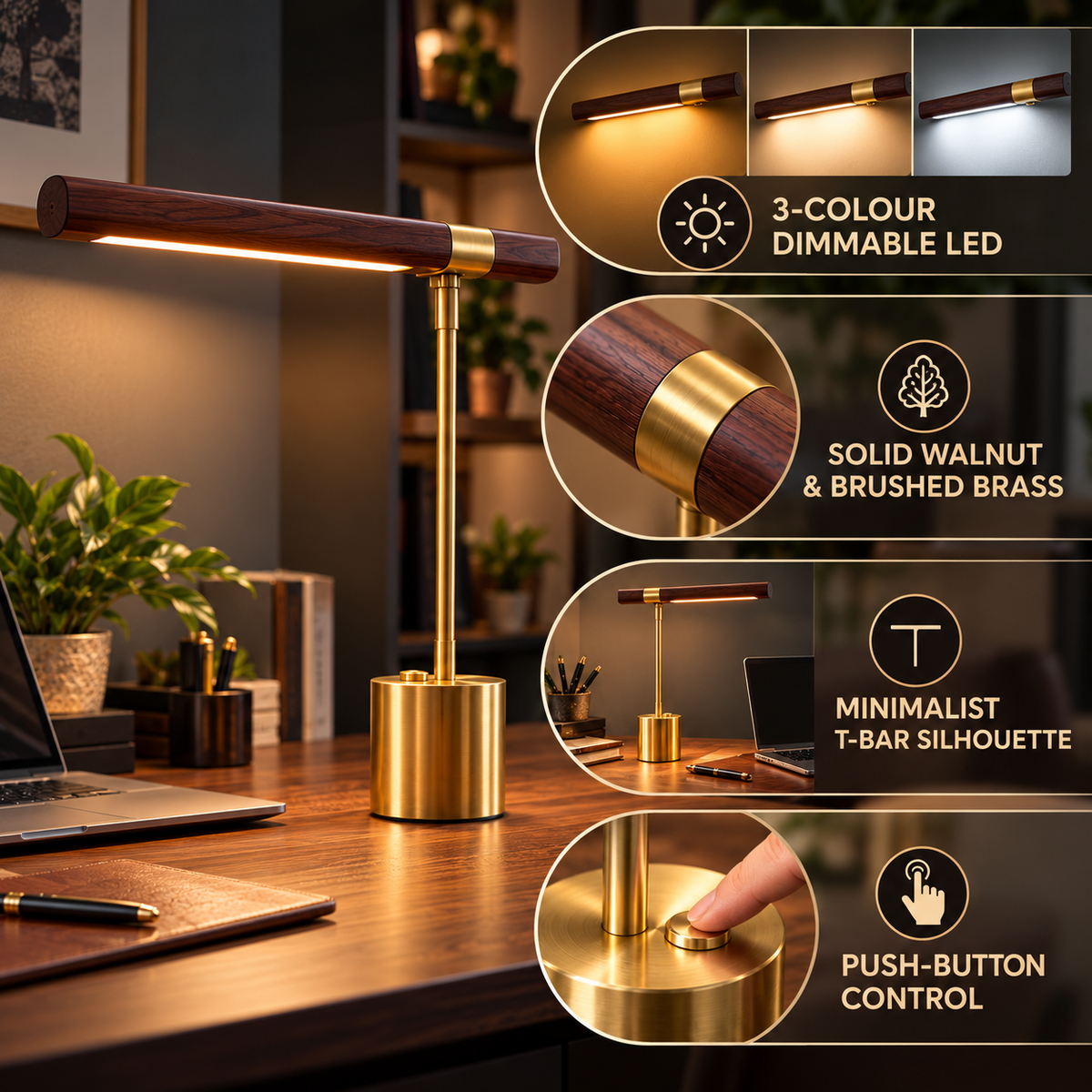 Desk Lamp | Walnut & Brass, T-Bar, 3-Colour Dimmable LED | 45cm