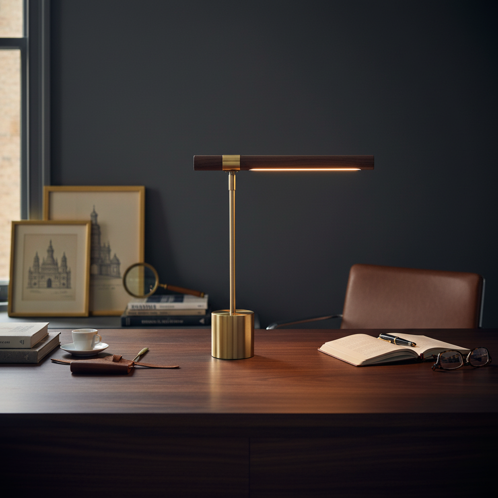 Desk lamp walnut and brass T-bar, 3-colour dimmable LED, 45cm minimalist