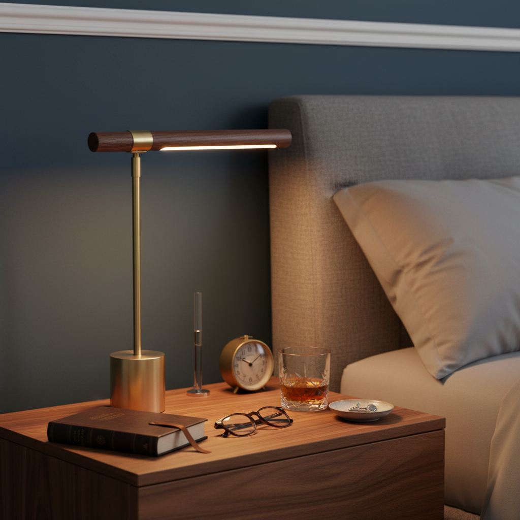 Desk lamp walnut and brass T-bar, 3-colour dimmable LED, 45cm minimalist