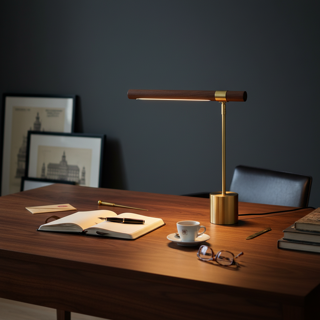 Desk lamp walnut and brass T-bar, 3-colour dimmable LED, 45cm minimalist