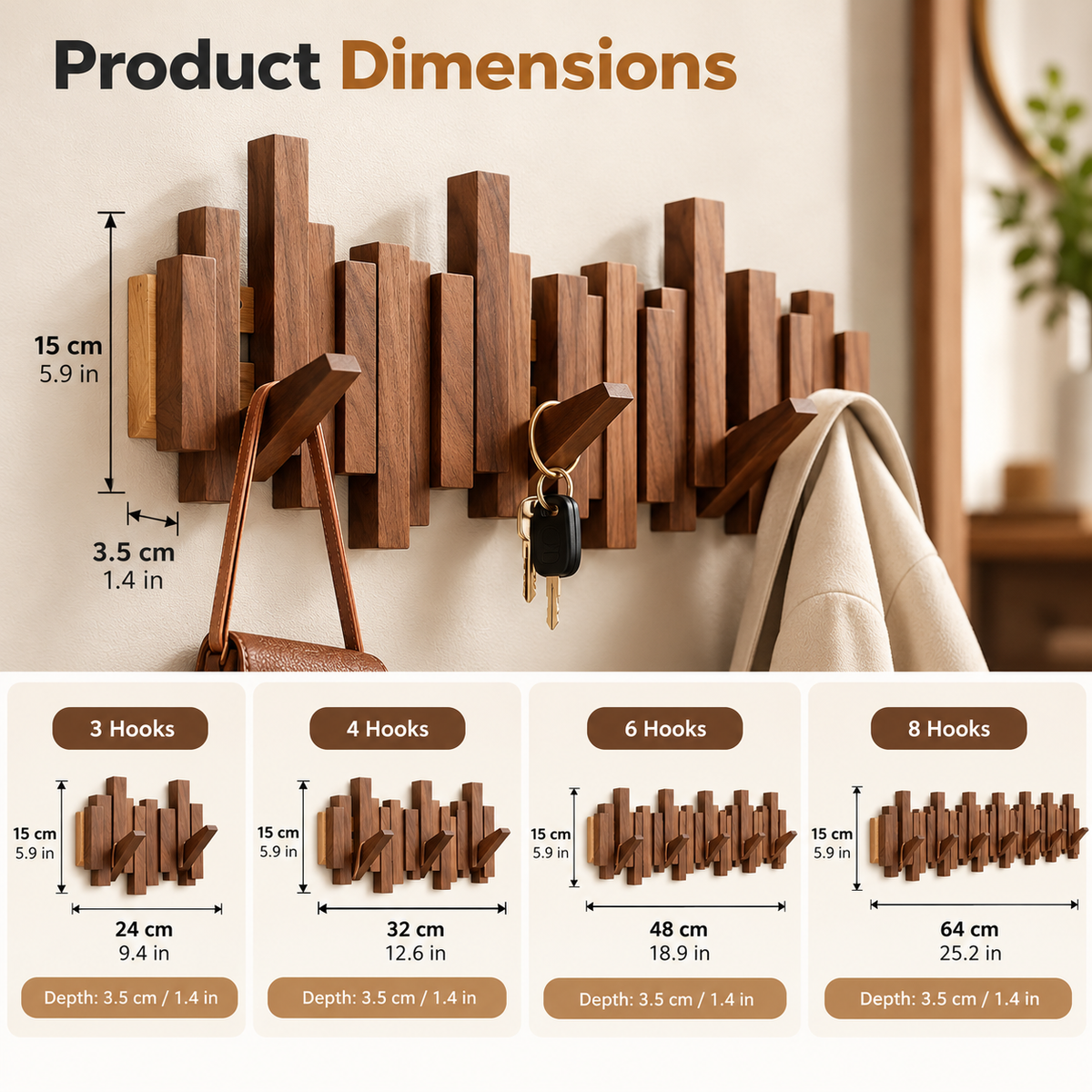 Wooden Coat Rack | Wall Mounted, Piano Key Design | Foldable Hooks, Walnut