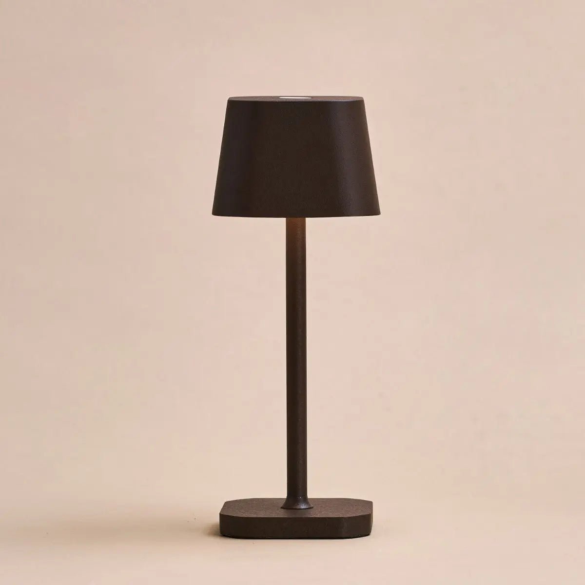 Rechargeable table lamp brown metal, cordless and dimmable oval design