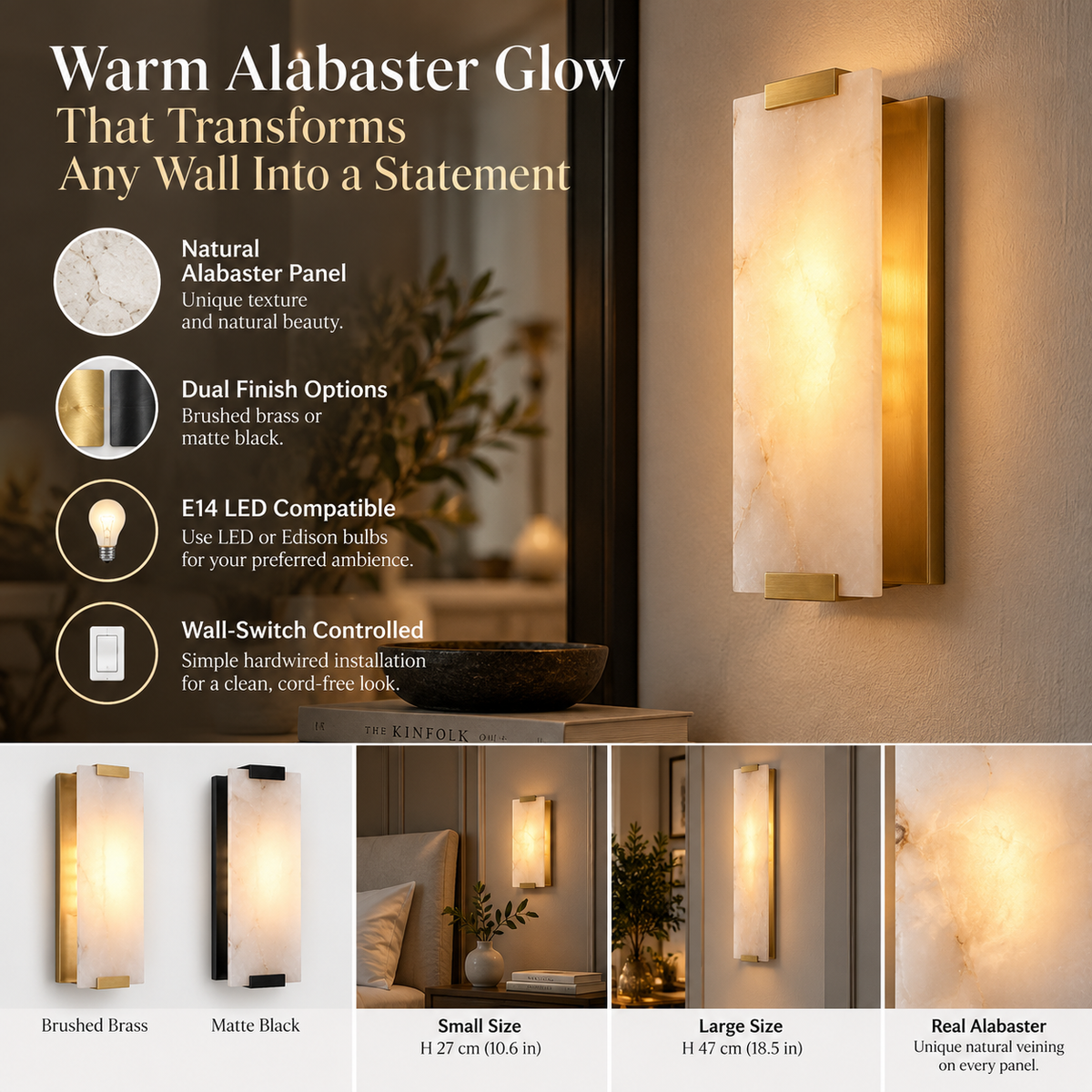 Wall Sconce | Alabaster Panel, Brass and Black Finish | Indoor Lighting