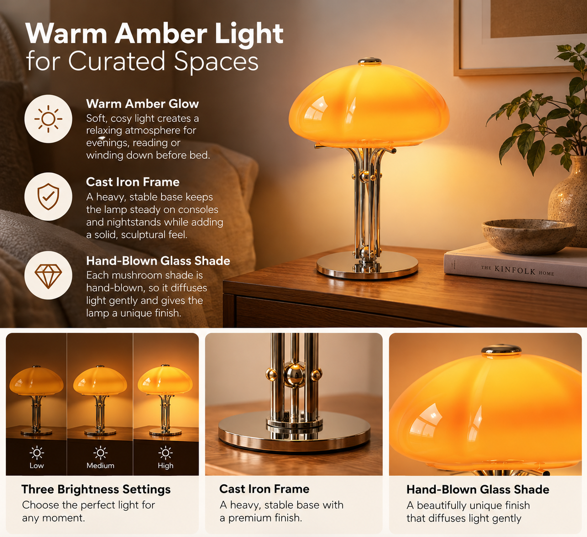 Mushroom Table Lamp | 12W LED Bedside Light, Amber Glow