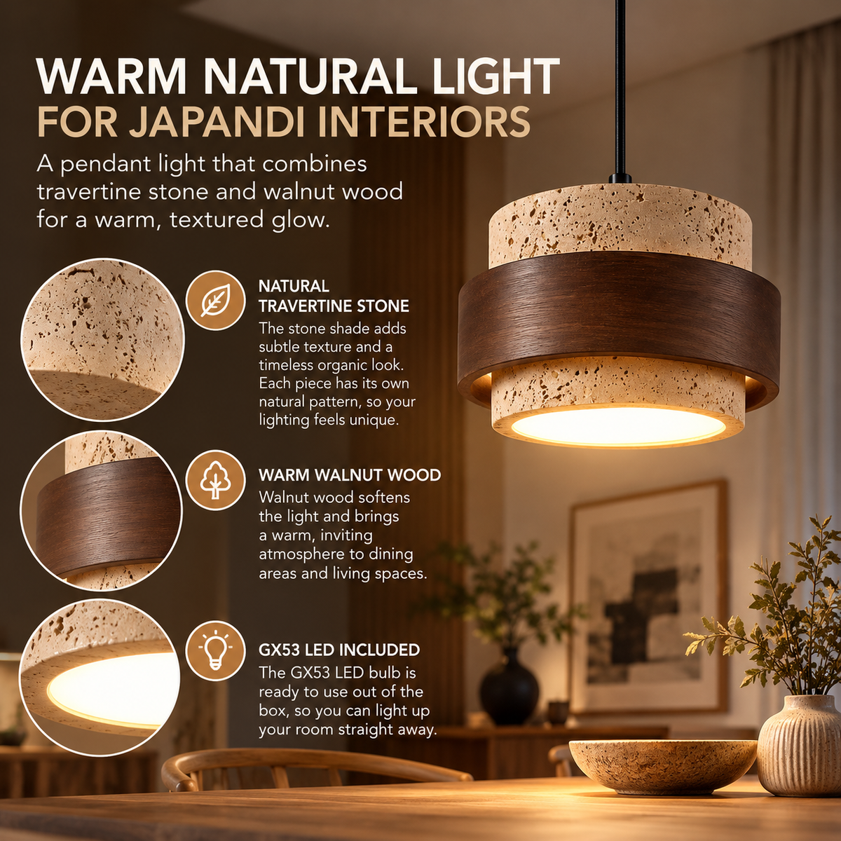 Pendant Light Travertine and Walnut, GX53 LED Included