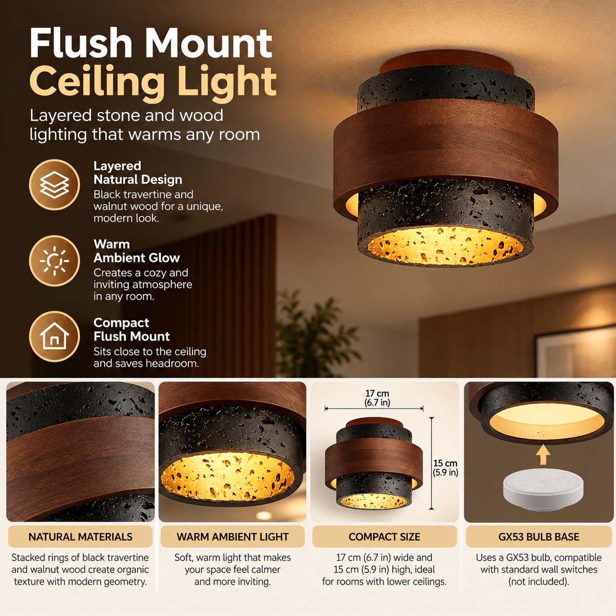 Flush Mount Ceiling Light | Black Travertine, Walnut Wood, GX53
