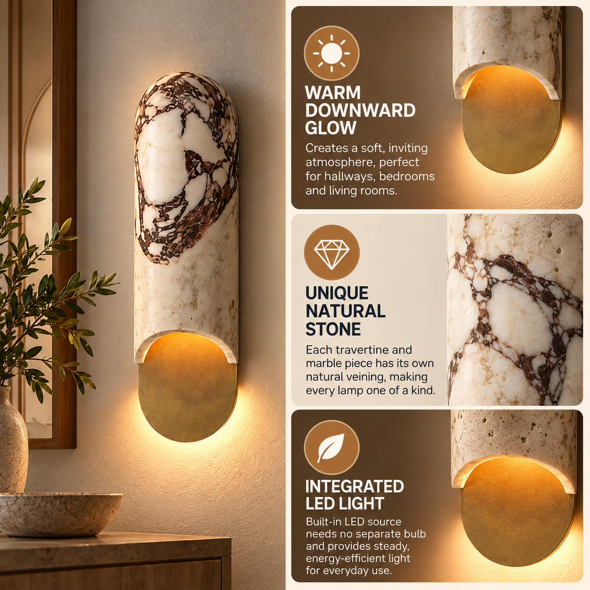 Wall Lamp Indoor LED Capsule Travertine Marble Brass Bedroom