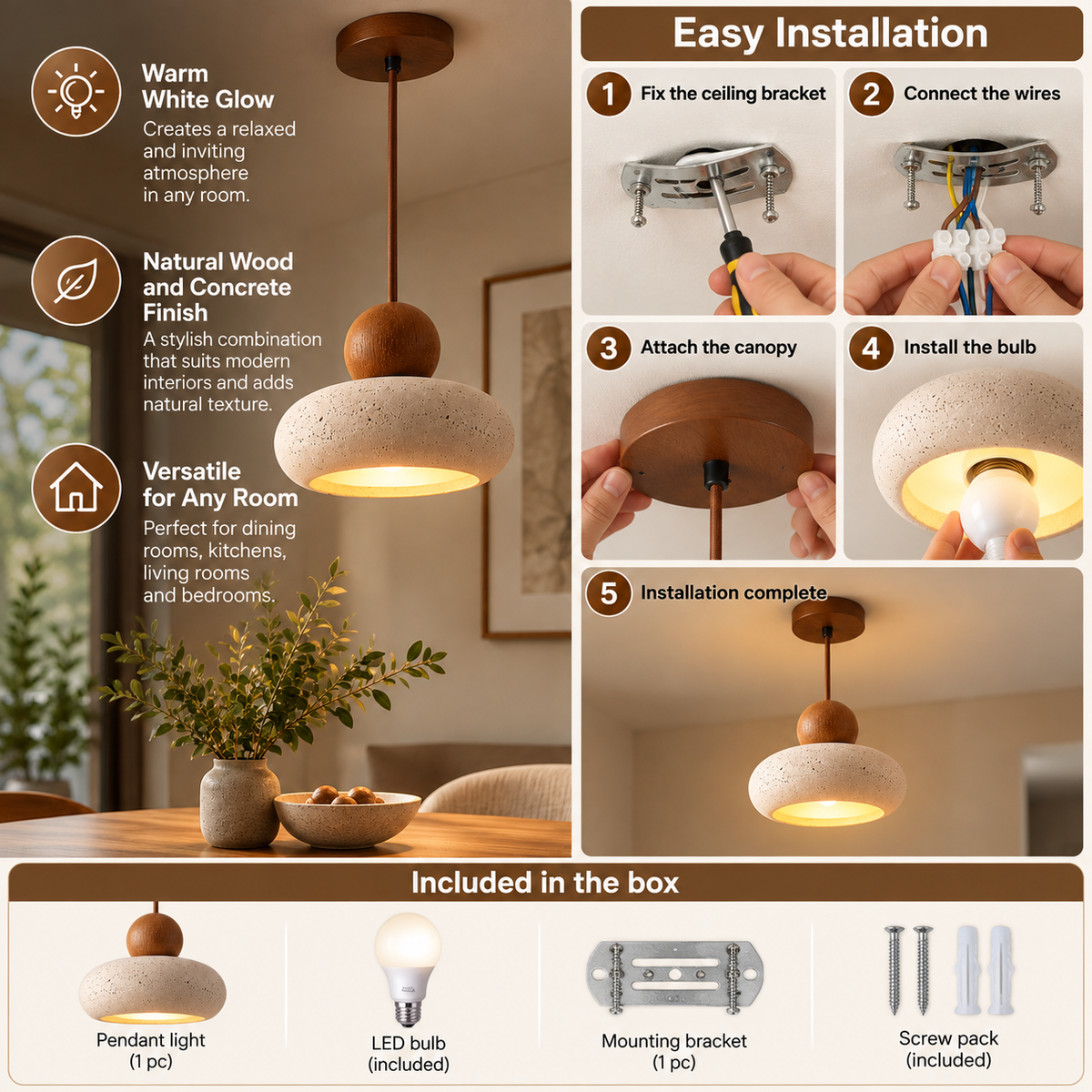 Pendant Light | Wood and Concrete Effect, Warm White LED