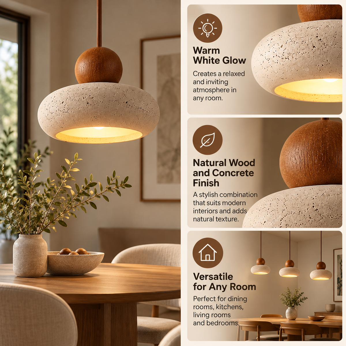 Pendant Light | Wood and Concrete Effect, Warm White LED