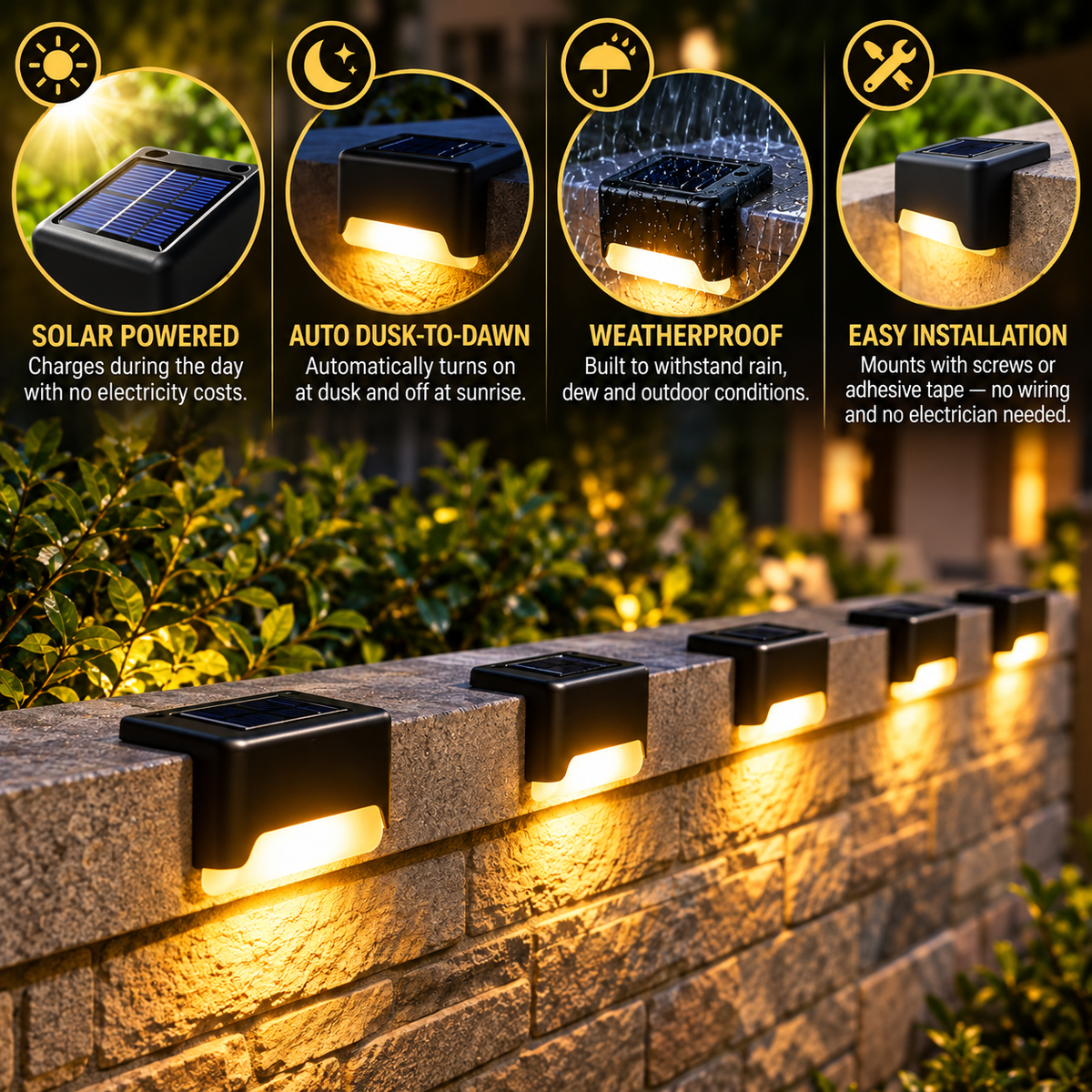 Solarne lampy ogrodowe na ogrodzenie i balkon | automatyczny czujnik zmierzchowy | ciepłe światło LED, bez okablowania
