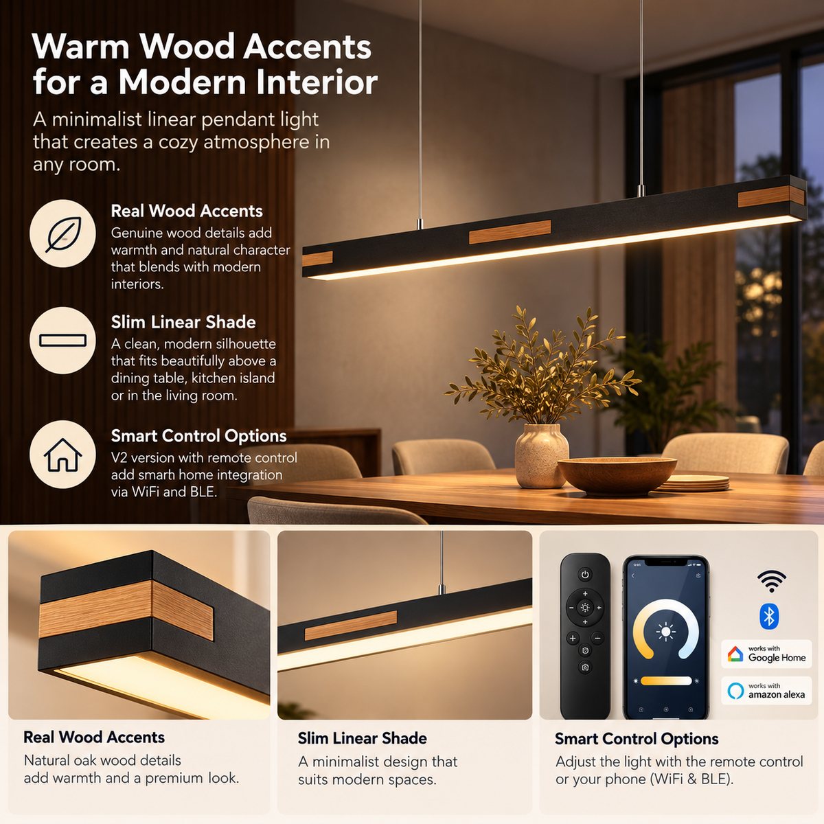 Linear Pendant Light for Dining Room, Black Oak Wood Finish