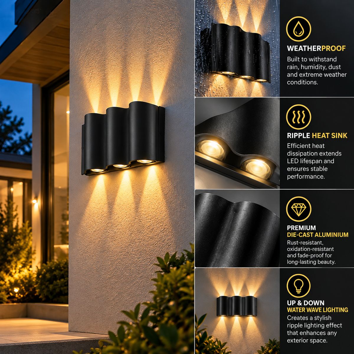 Linear Outdoor Wall Light | Waterproof, Up & Down | Aluminium, Black