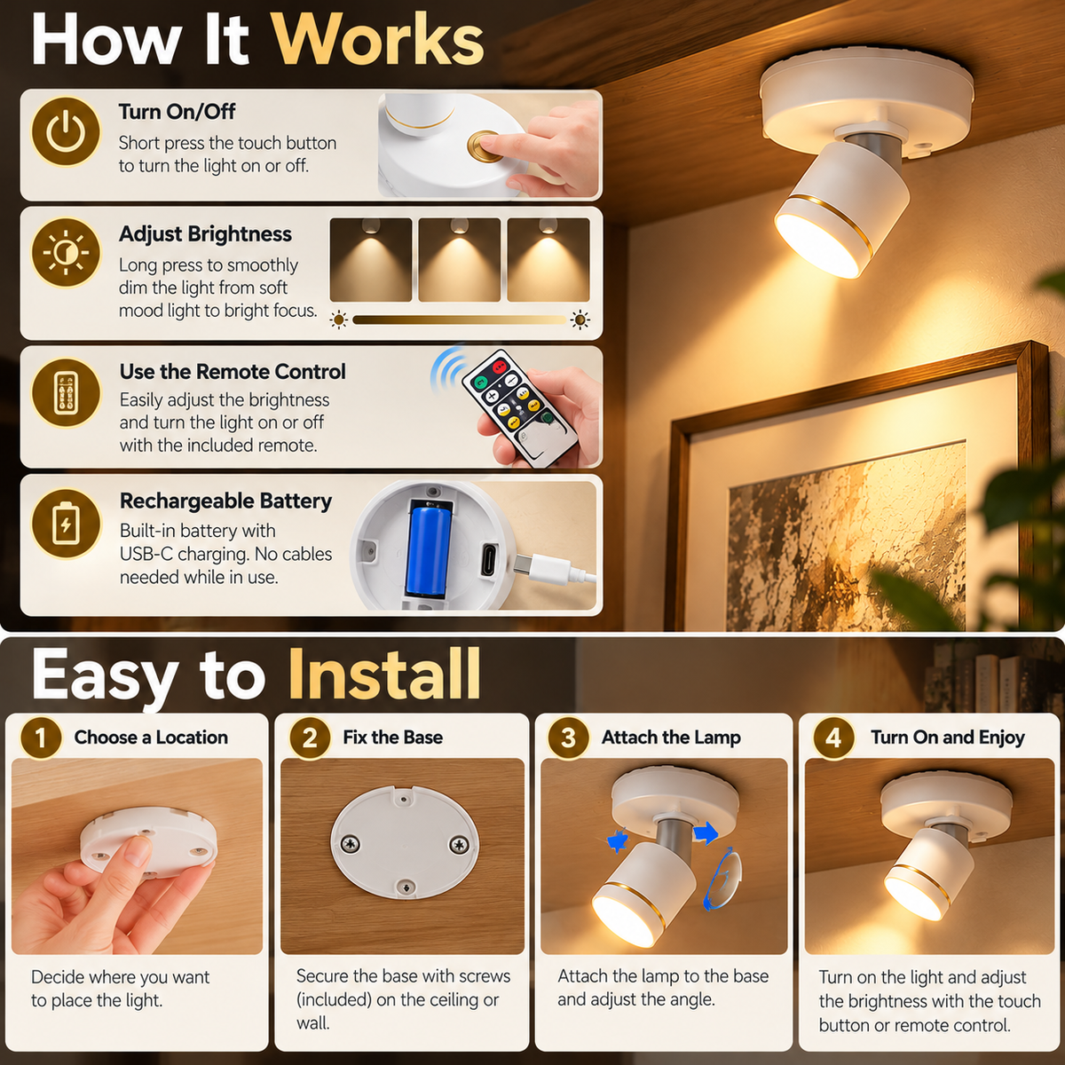 Wireless Spotlight | Mini LED Accent Light, Dimmable, Cordless