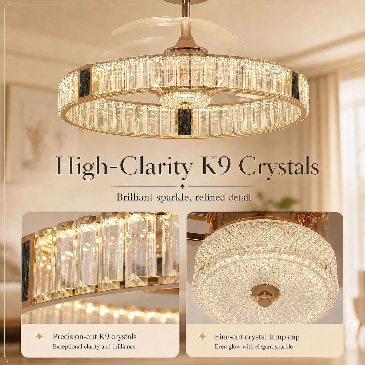DC ceiling fan with LED light, gold crystal chandelier design, 60cm, 6 speeds with remote control