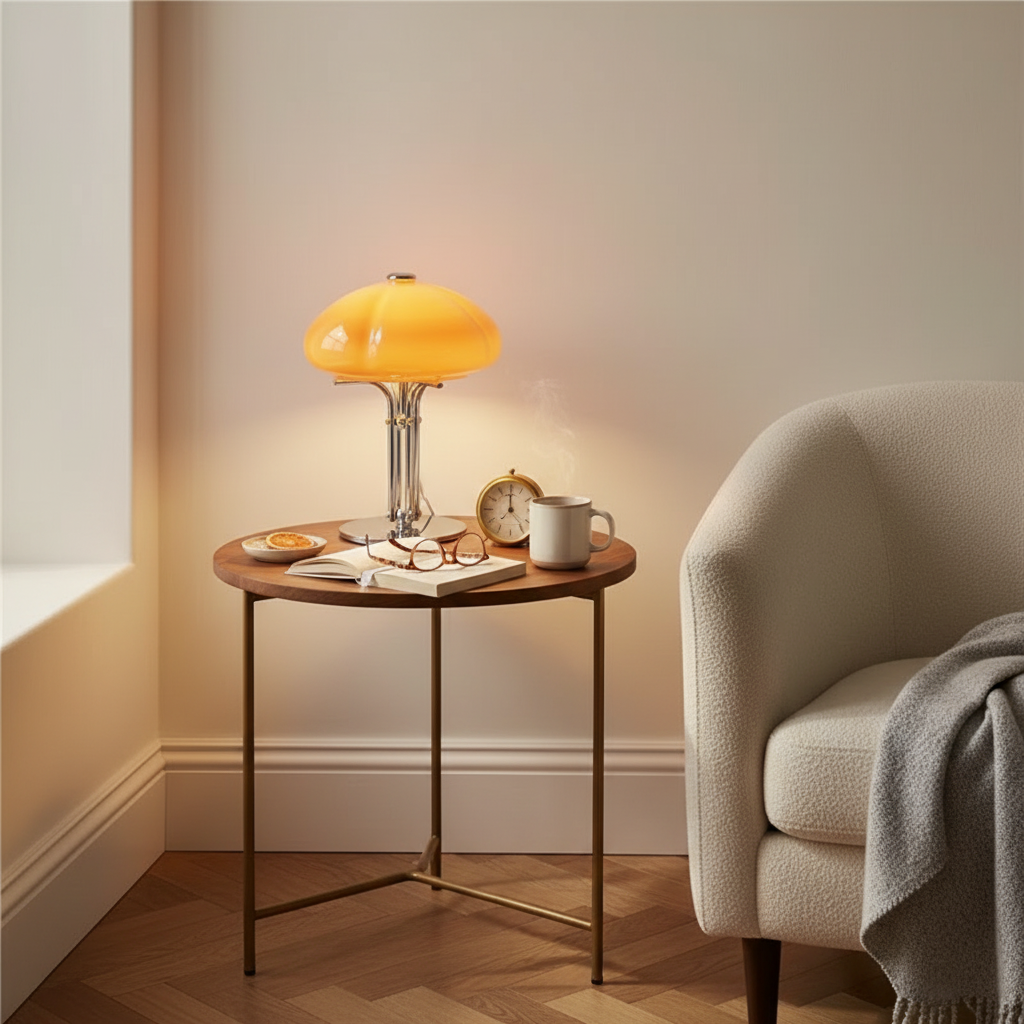 Mushroom table lamp with warm amber glow, cast iron frame and hand-blown glass shade