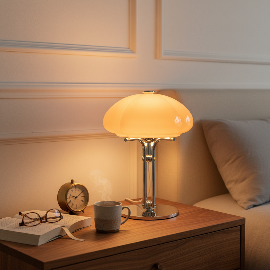 Mushroom table lamp with warm amber glow, cast iron frame and hand-blown glass shade